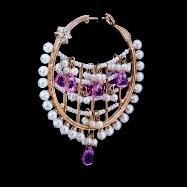 Pearl Coronet Diamond Flower and Pink Briolettes Hoop Earring