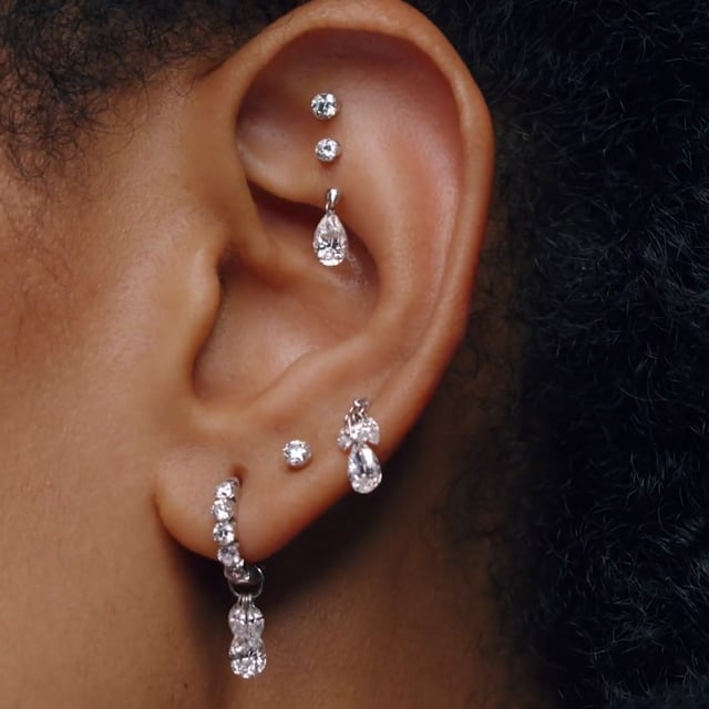 Floating Pear Diamond Plume Threaded Charm Earring With Titanium Backing