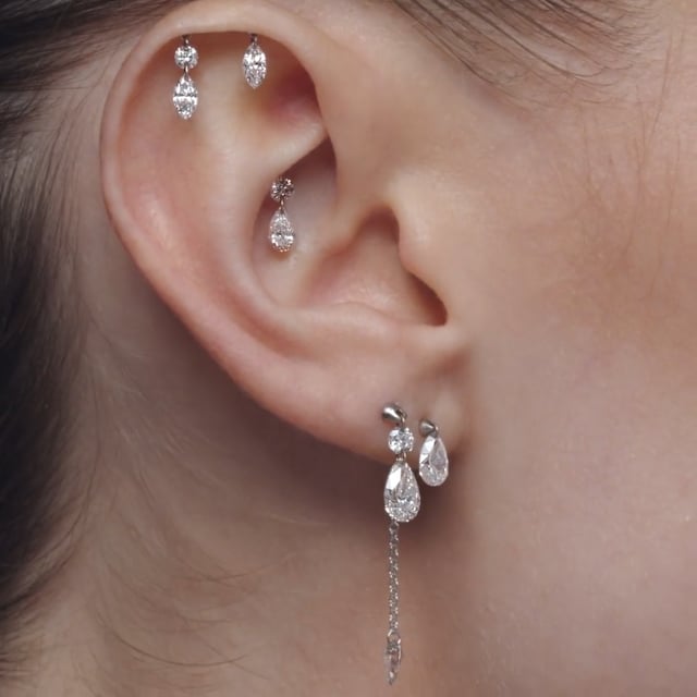 Floating Pear Diamond Charm Stud Earring