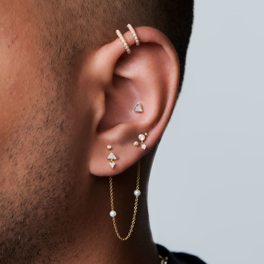 Invisible Set Diamond and Pearl Dangle Threaded Stud Earring