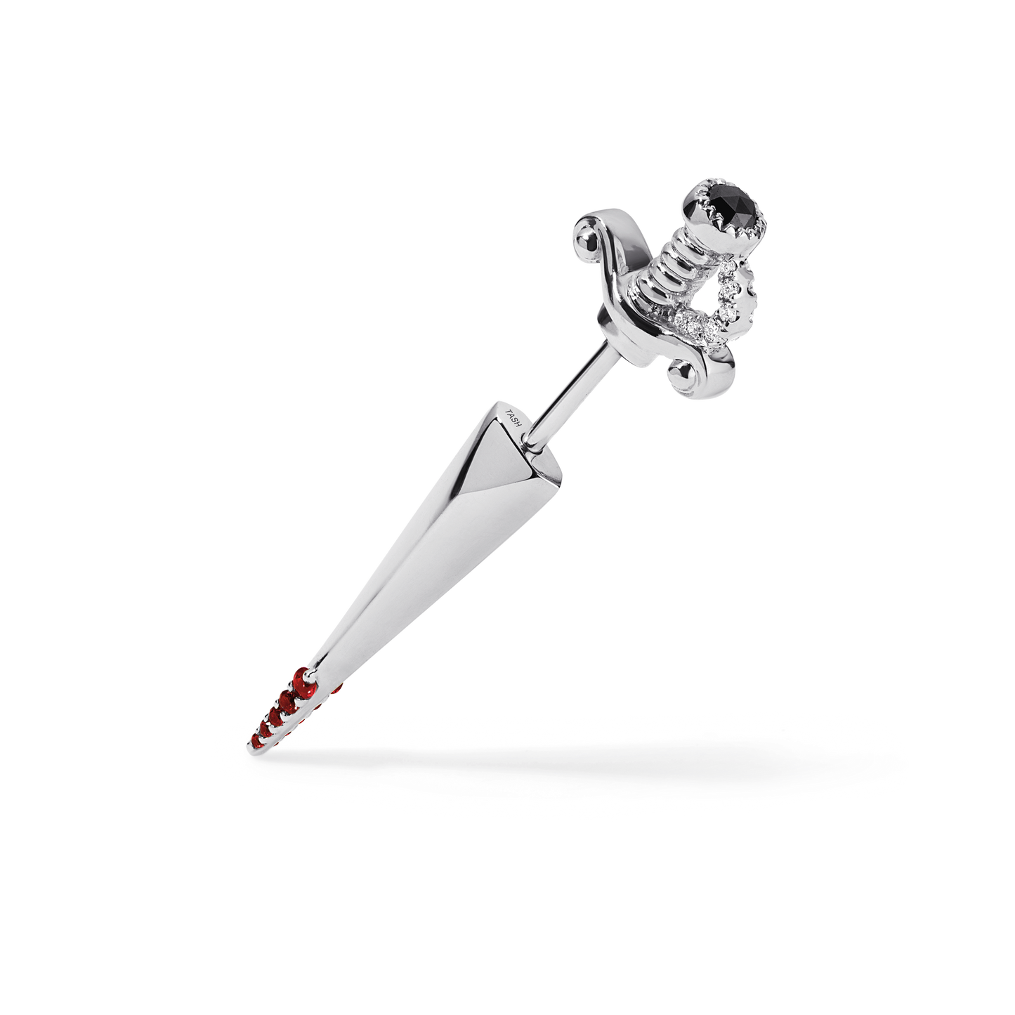 Black and White Diamond Long Sword with Ruby Drops Earstud