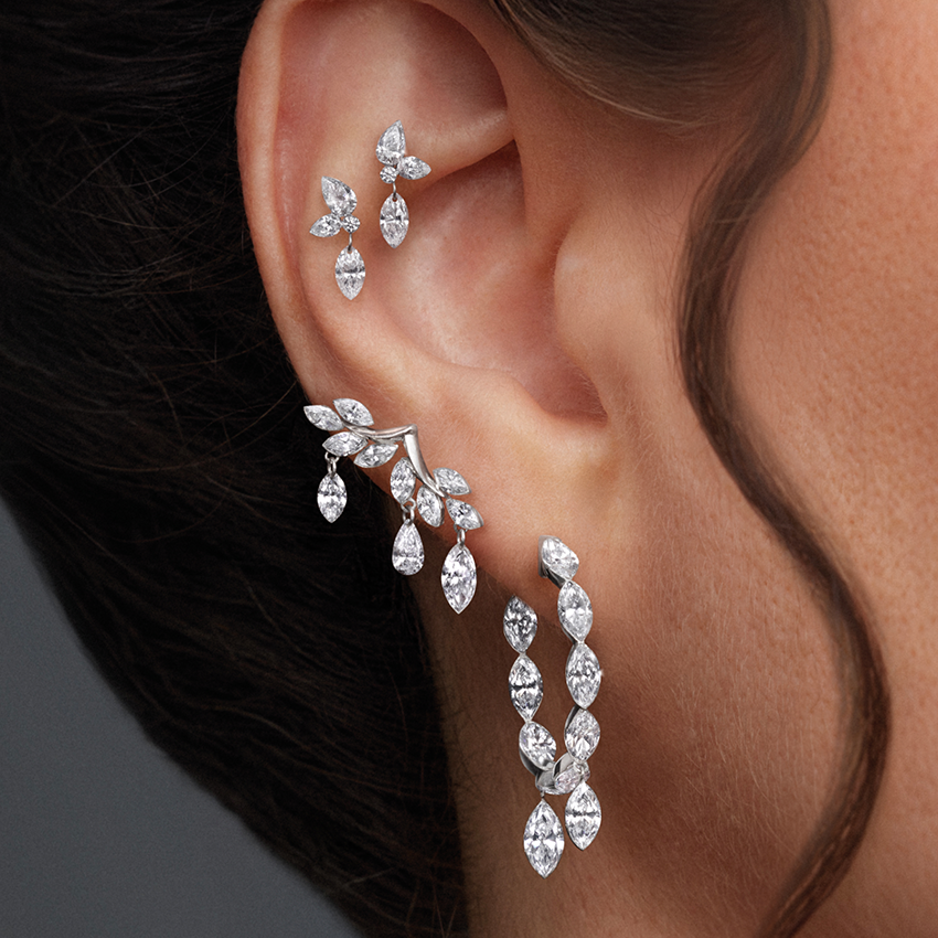 Invisible Set Marquise Diamond Eternity with Dangle Forward Angle Hoop Earring