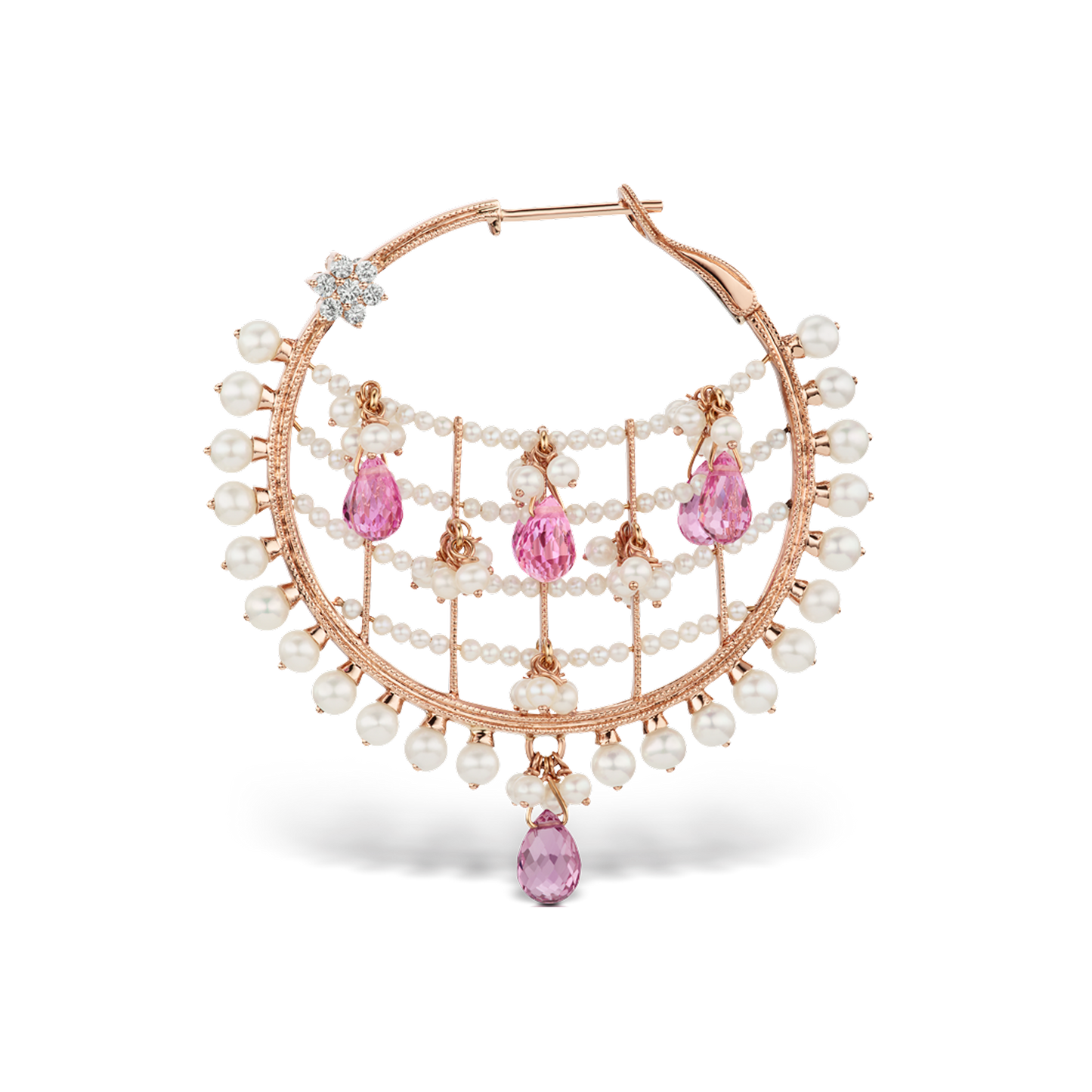 Pearl Coronet Diamond Flower and Pink Briolettes Hoop Earring