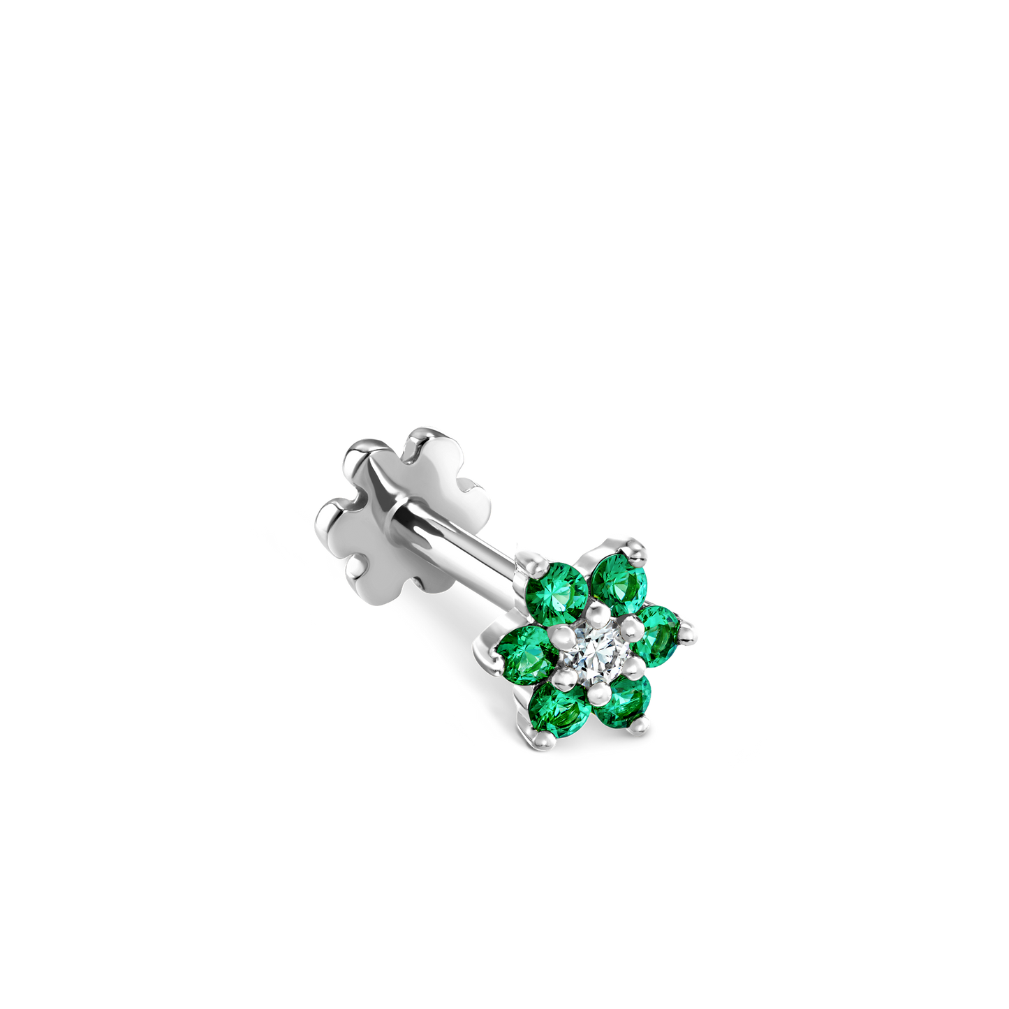 Emerald and Diamond Flower Threaded Stud Earring