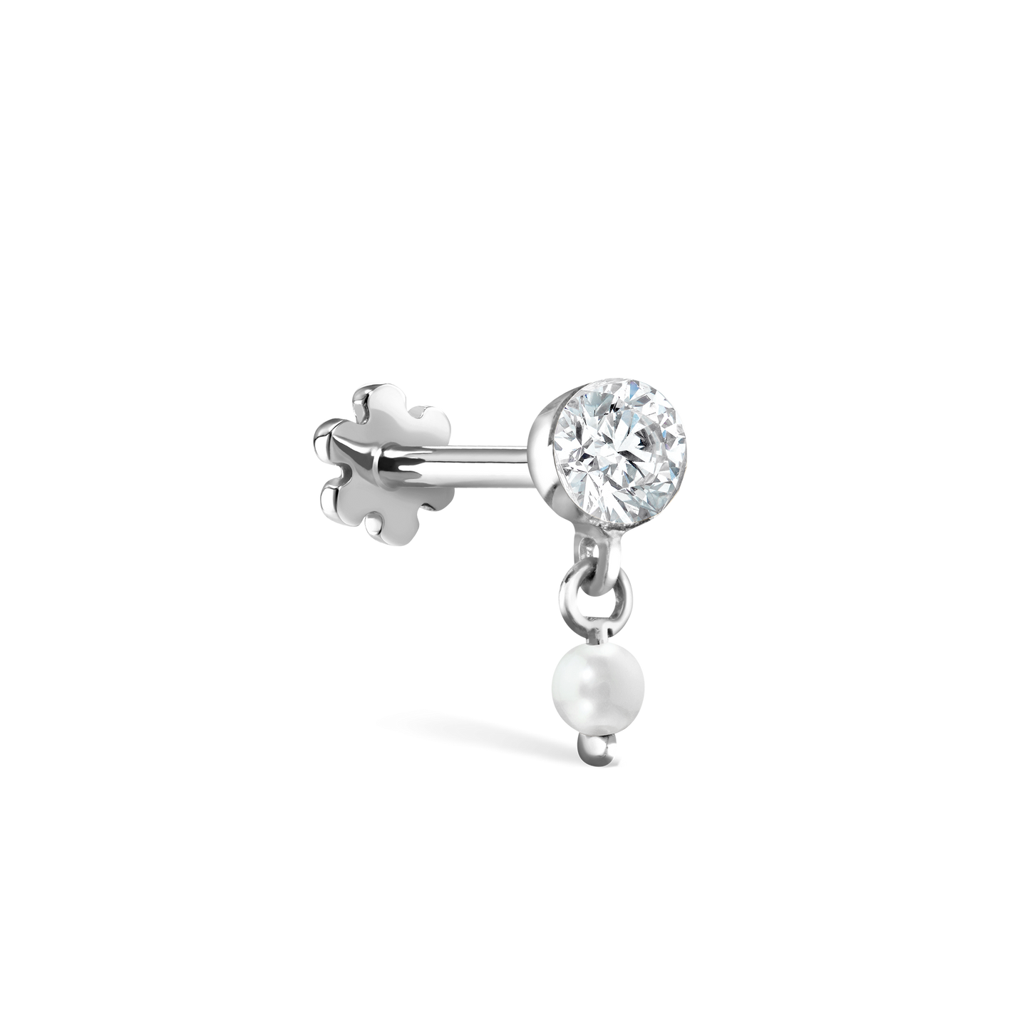 Invisible Set Diamond and Pearl Dangle Threaded Stud Earring