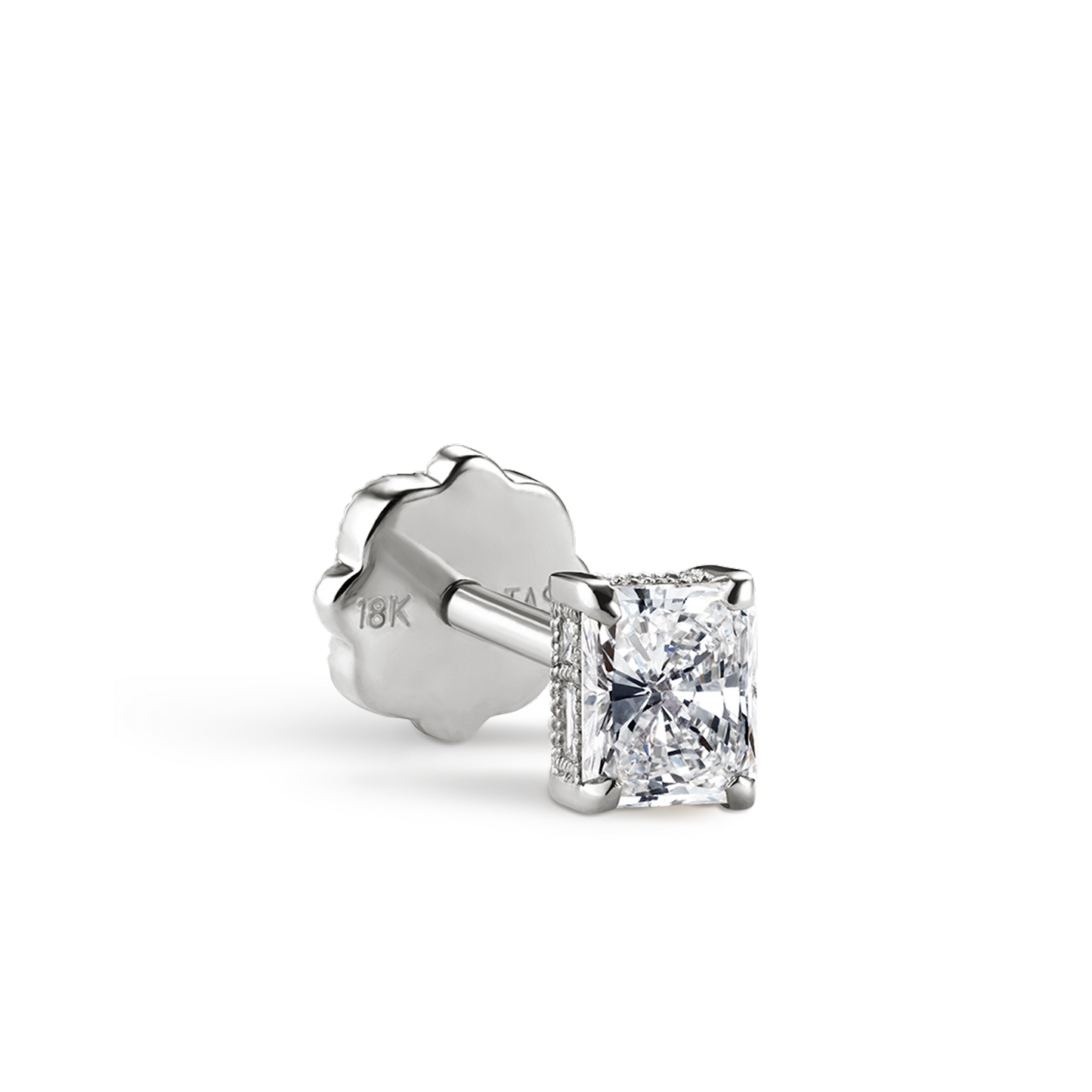 Engraved Radiant Diamond Threaded Stud Earring