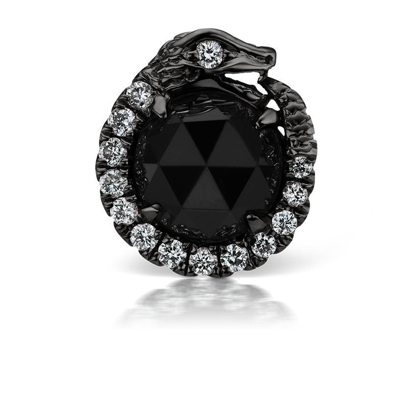 Black and White Diamond Pavé Ouroboros Threaded Stud Earring With Titanium Backing