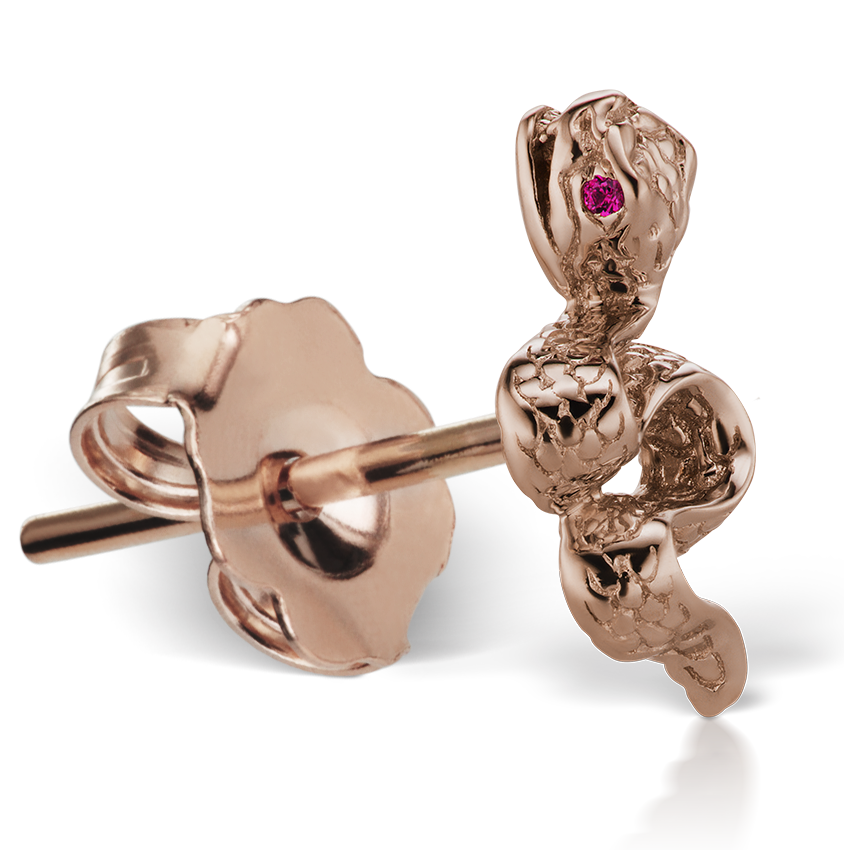 Large Engraved Snake with Ruby Eyes Stud Earring