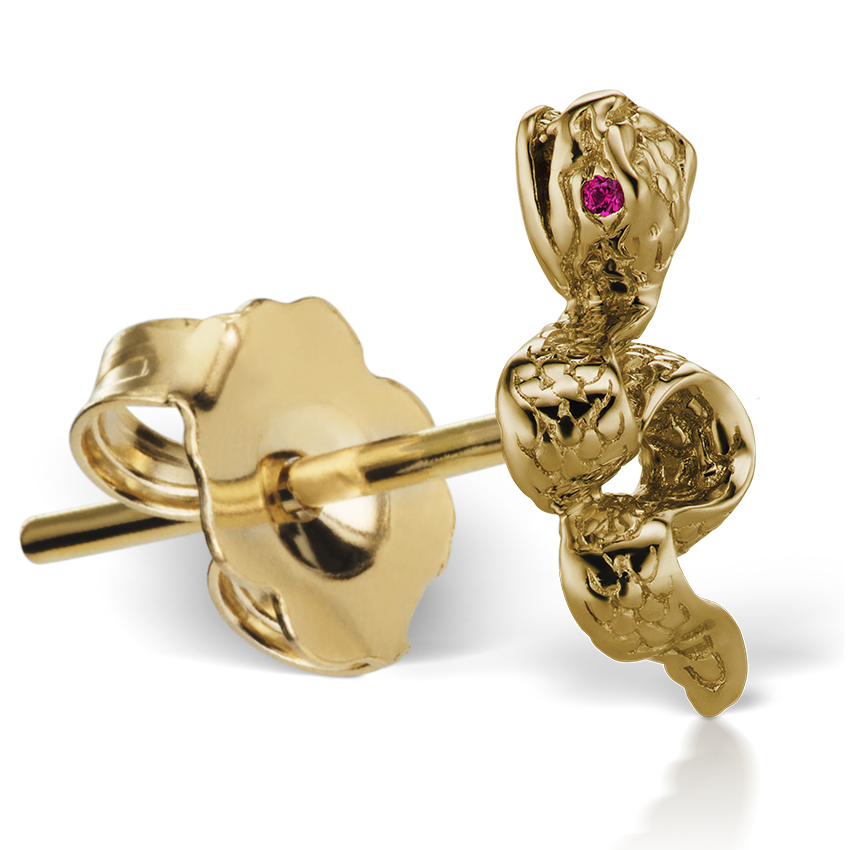 Large Engraved Snake with Ruby Eyes Stud Earring