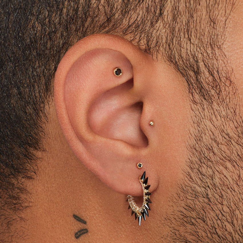 Black Moissanite Mohawk and Diamond Pavé Hoop Earring
