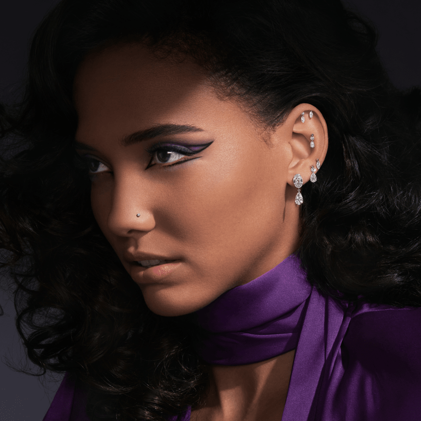 Floating Marquise and Round Diamond Drape Threaded Stud Earring