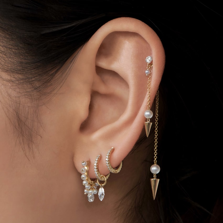 Invisible Set Diamond and Pearl Dangle Threaded Stud Earring