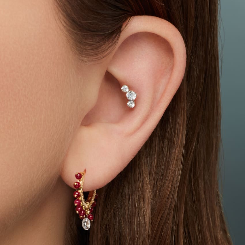 Pavé Diamond Ruby Coronet with Diamond Briolette Hoop Earring