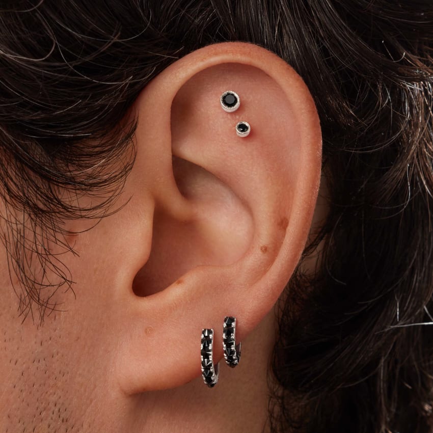Reverse Set Black Diamond Eternity Hoop Earring
