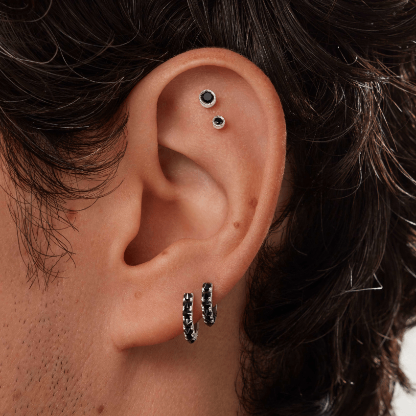 Reverse Set Black Diamond Eternity Hoop Earring