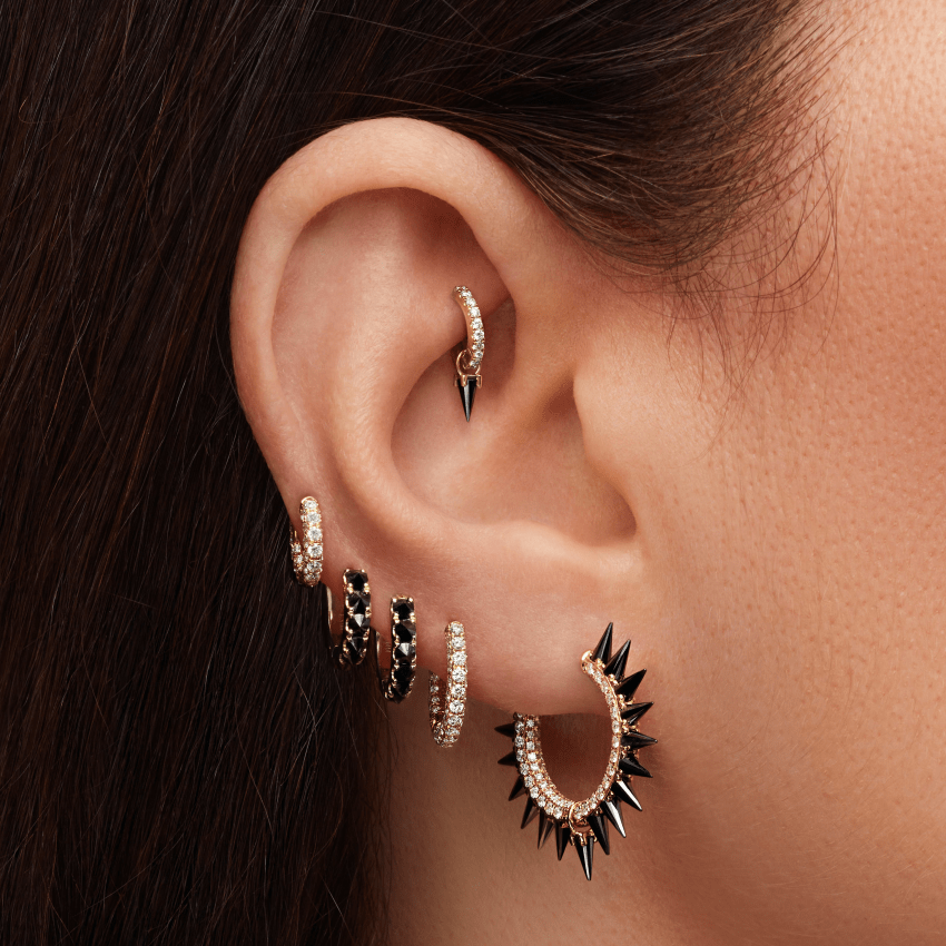 Reverse Set Black Diamond Eternity Hoop Earring