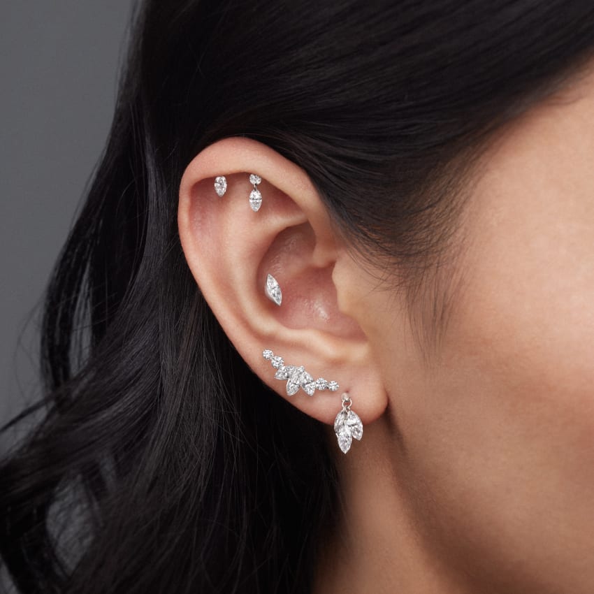 Floating Marquise and Round Diamond Drape Threaded Stud Earring