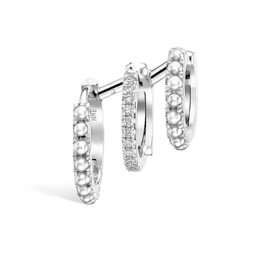 Pearl and Diamond Triple Linked Eternity Hoop Earring and Cuffs