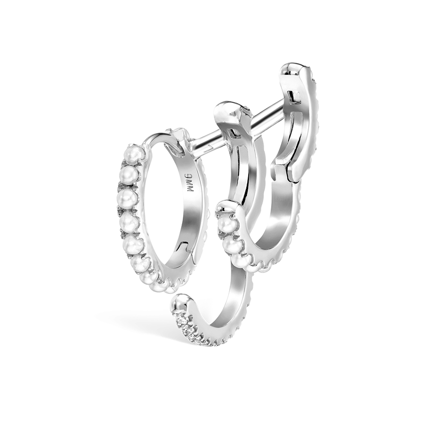 Pearl and Diamond Triple Linked Eternity Hoop Earring and Cuffs