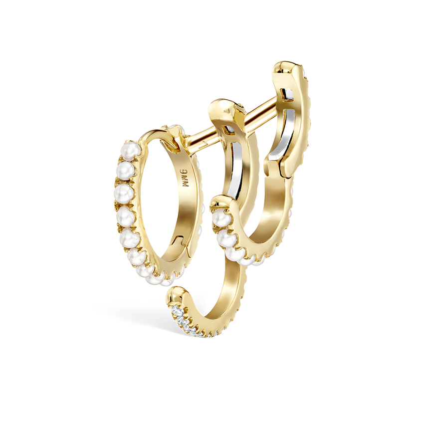 Pearl and Diamond Triple Linked Eternity Hoop Earring and Cuffs