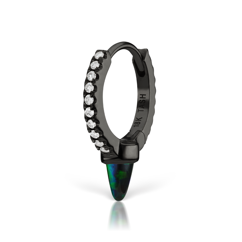 Single Short Black Opal Spike Diamond Eternity Hoop Earring