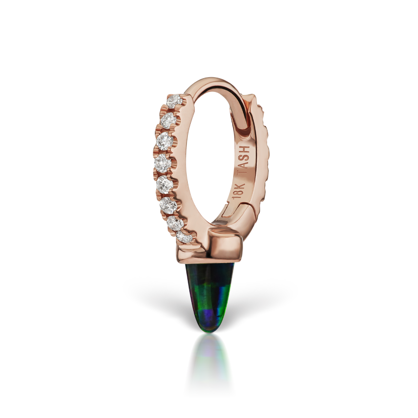 Single Short Black Opal Spike Diamond Eternity Hoop Earring