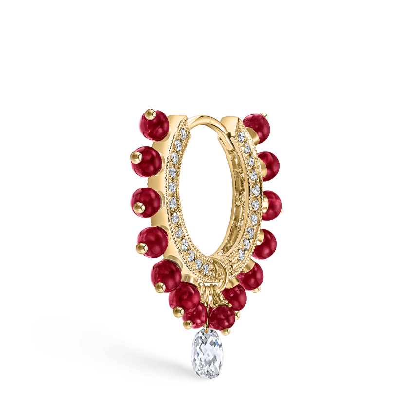 Pavé Diamond Ruby Coronet with Diamond Briolette Hoop Earring