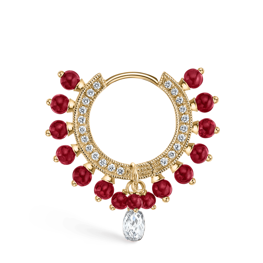 Pavé Diamond Ruby Coronet with Diamond Briolette Hoop Earring