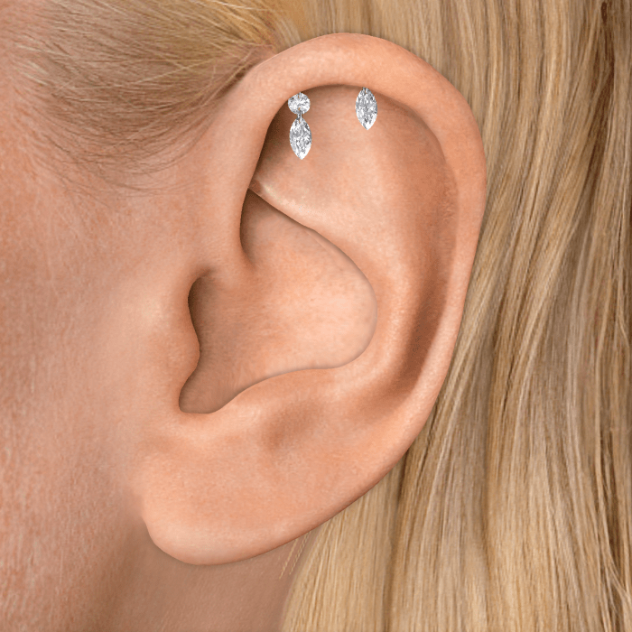 Floating Marquise and Round Diamond Drape Threaded Stud Earring
