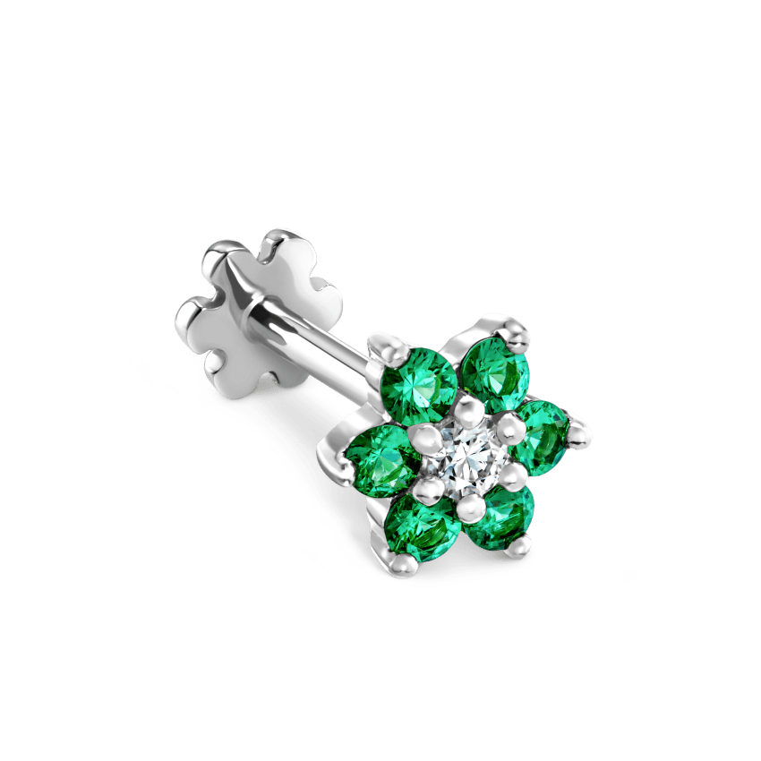 Emerald and Diamond Flower Threaded Stud Earring