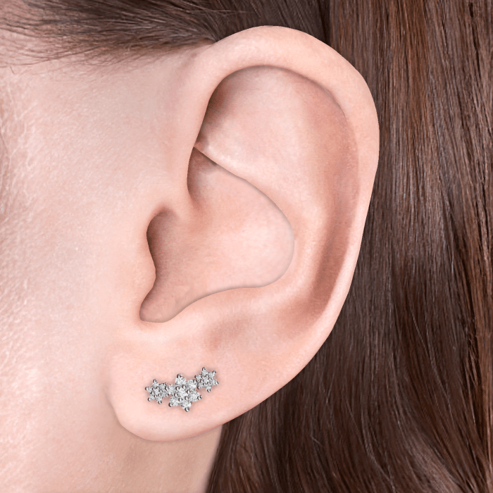 Three Flower Garland Diamond Threaded Stud Earring