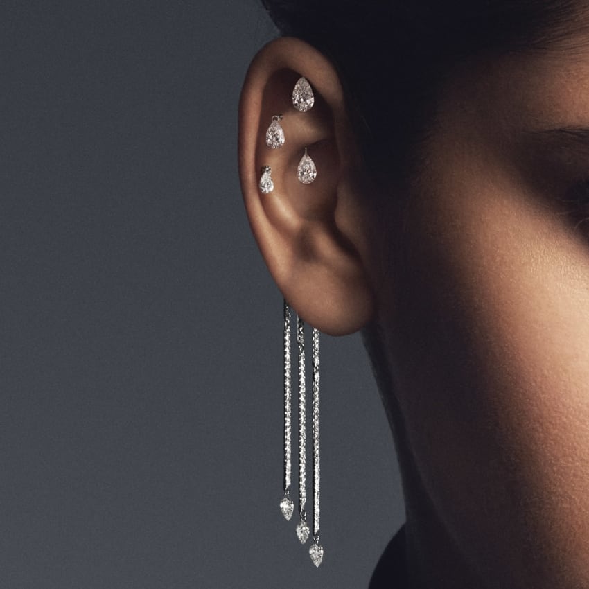 Triple Diamond Eternity Bar Conch Charm & Pear Diamond Dangles