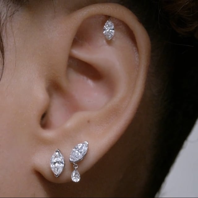 Floating Marquise Diamond Charm Threaded Stud Earring With Titanium Backing