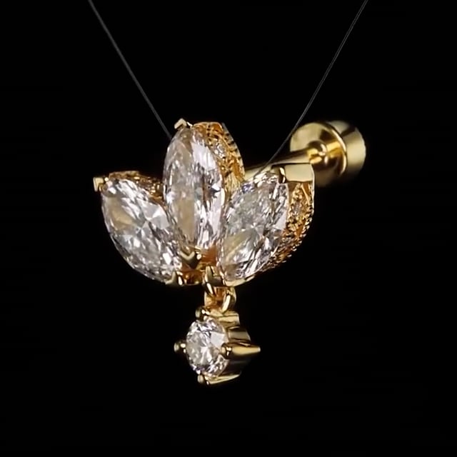 Diamond Engraved Lotus with Dangle Threaded Stud Earring