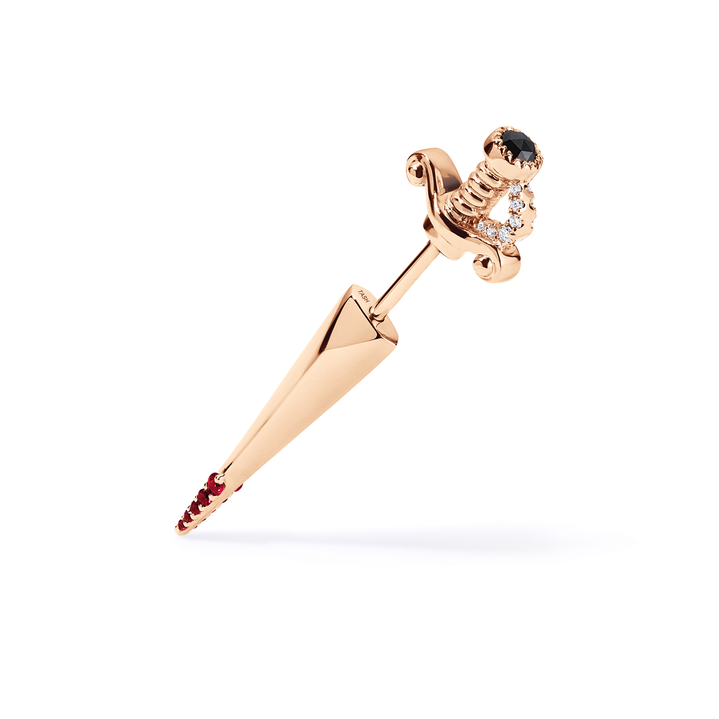 Black and White Diamond Long Sword with Ruby Drops Earstud