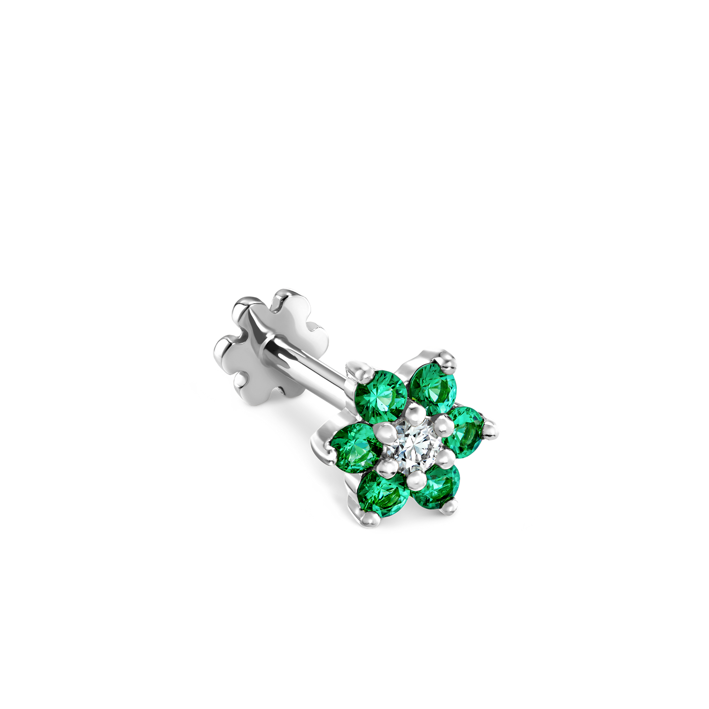 Emerald and Diamond Flower Threaded Stud Earring