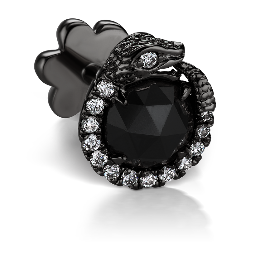 Black and White Diamond Pavé Ouroboros Threaded Stud Earring With Titanium Backing