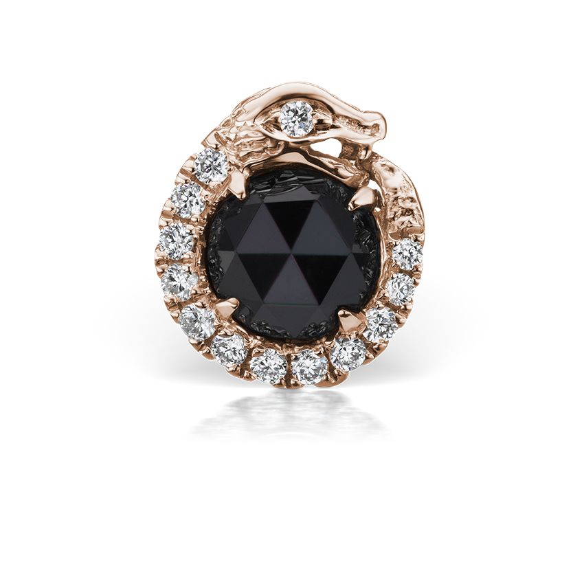 Black and White Diamond Pavé Ouroboros Threaded Stud Earring With Titanium Backing