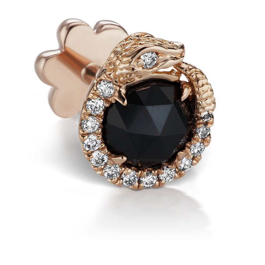 Black and White Diamond Pavé Ouroboros Threaded Stud Earring With Titanium Backing