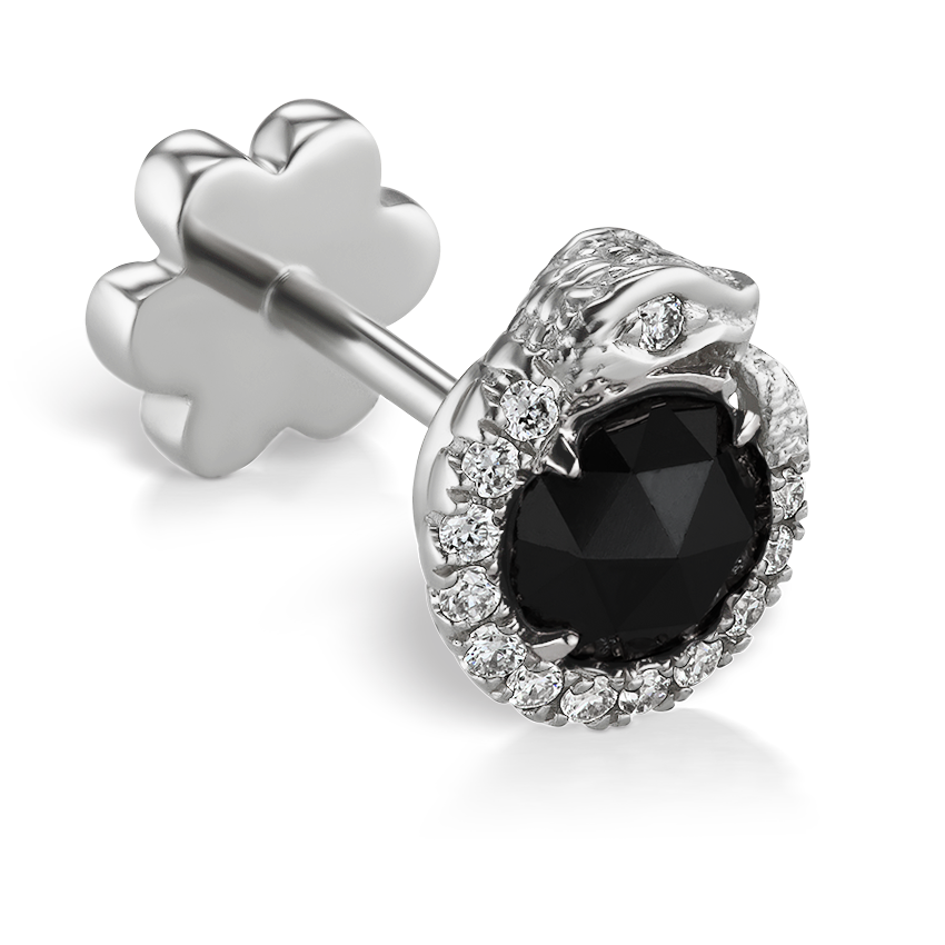 Black and White Diamond Pavé Ouroboros Threaded Stud Earring With Titanium Backing