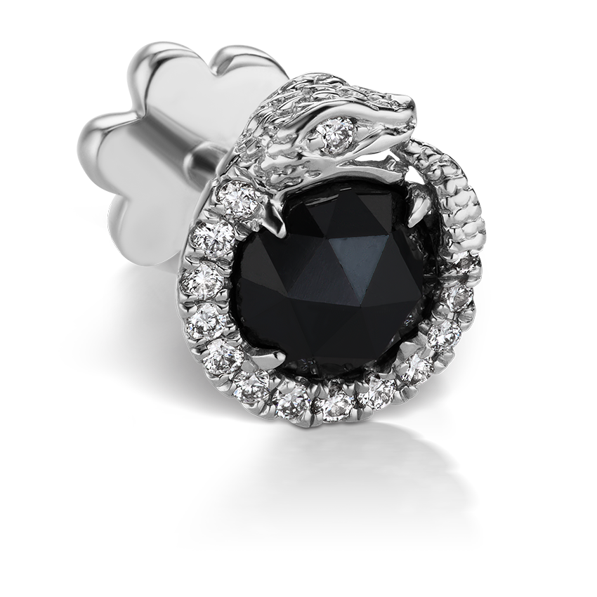 Black and White Diamond Pavé Ouroboros Threaded Stud Earring With Titanium Backing