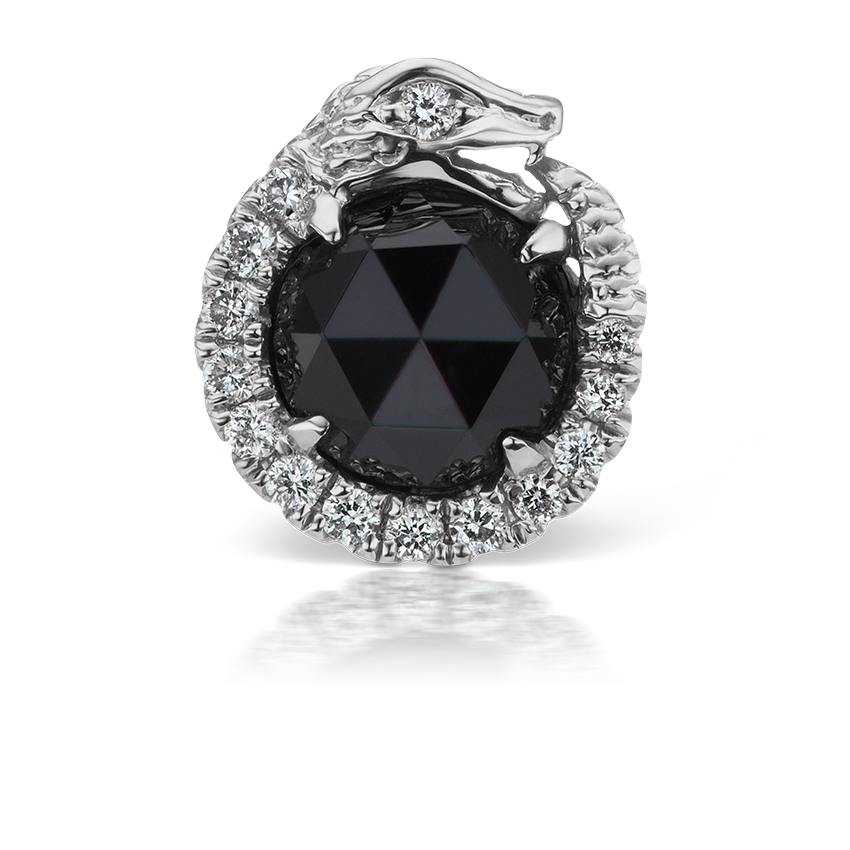 Black and White Diamond Pavé Ouroboros Threaded Stud Earring With Titanium Backing