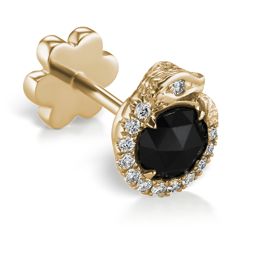 Black and White Diamond Pavé Ouroboros Threaded Stud Earring With Titanium Backing