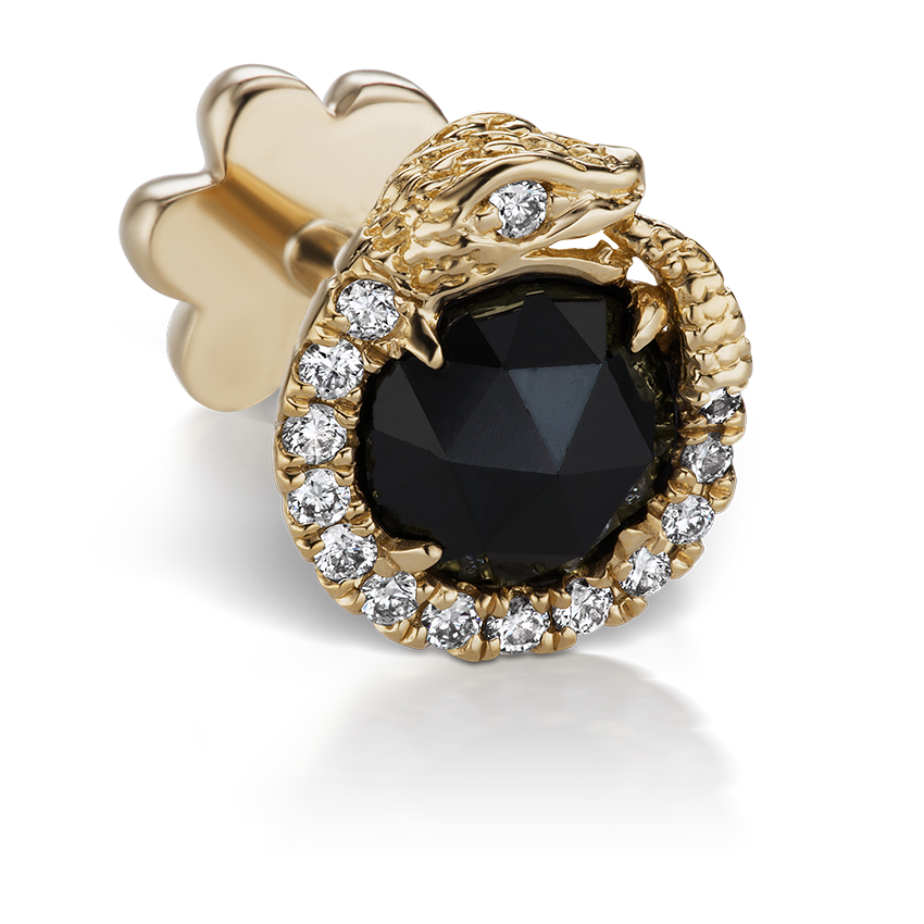 Black and White Diamond Pavé Ouroboros Threaded Stud Earring With Titanium Backing