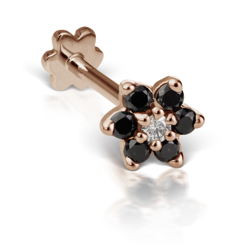 Black Diamond Flower Threaded Stud Earring With Titanium Backing
