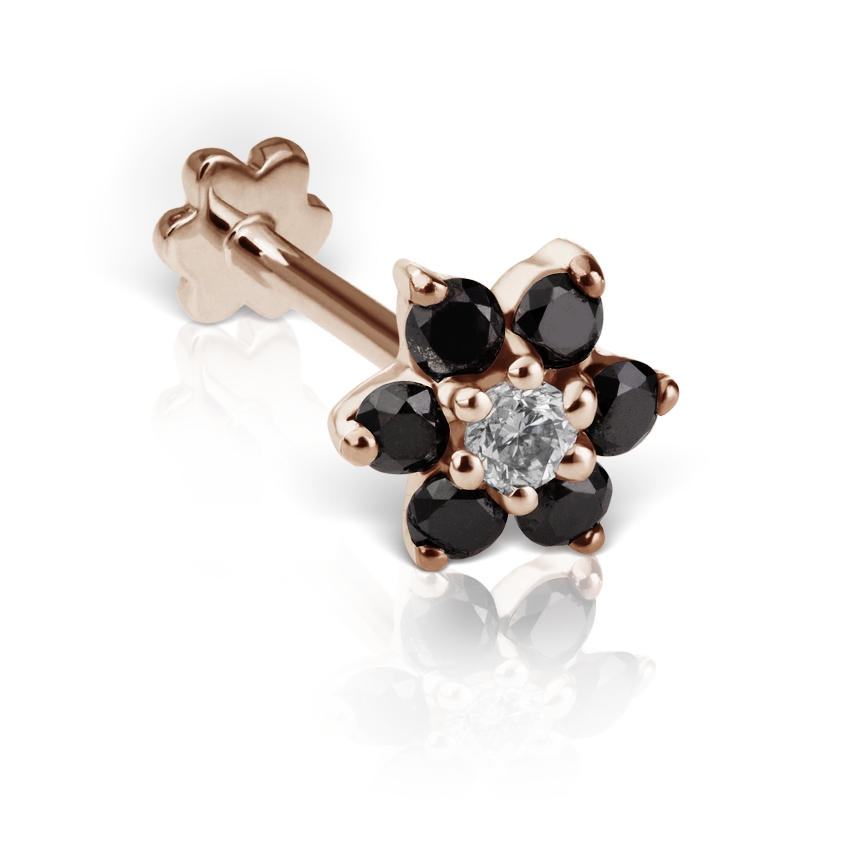 Black Diamond Flower Threaded Stud Earring With Titanium Backing