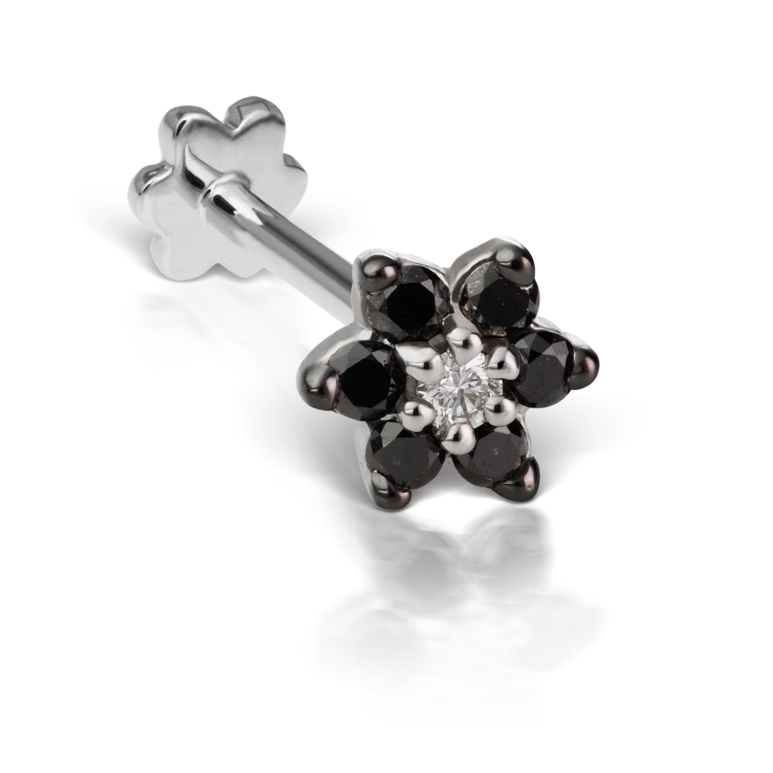 Black Diamond Flower Threaded Stud Earring With Titanium Backing