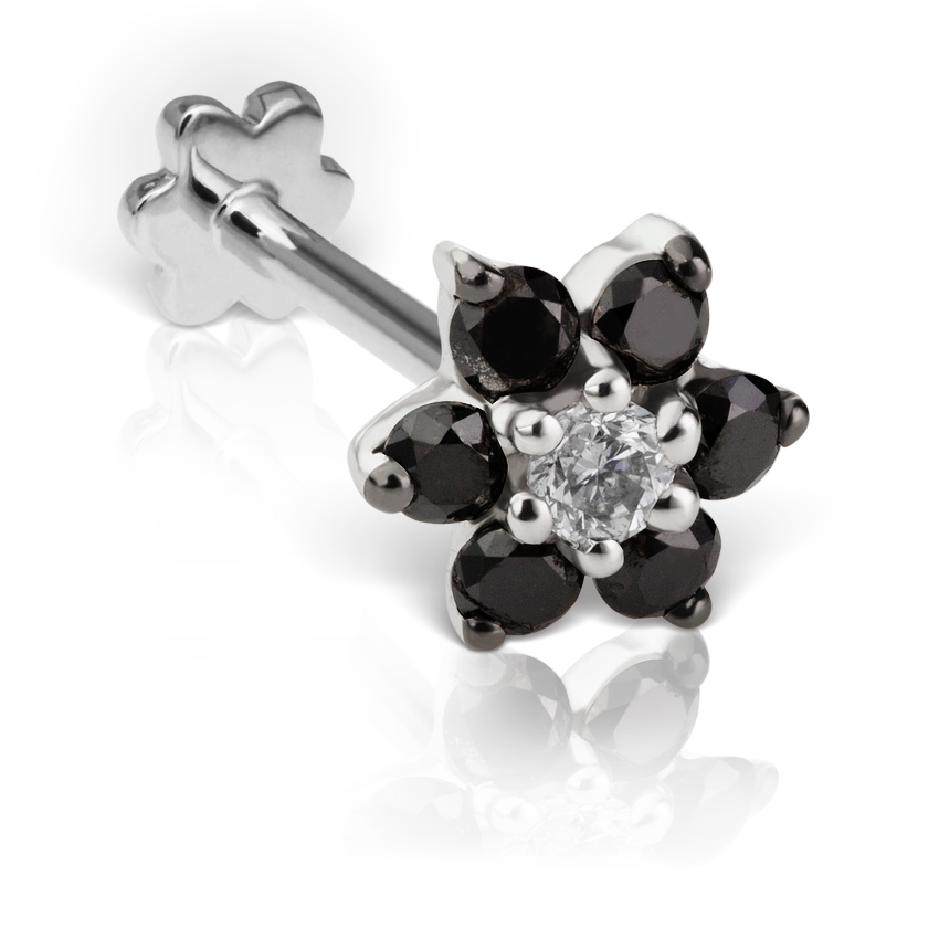 Black Diamond Flower Threaded Stud Earring With Titanium Backing