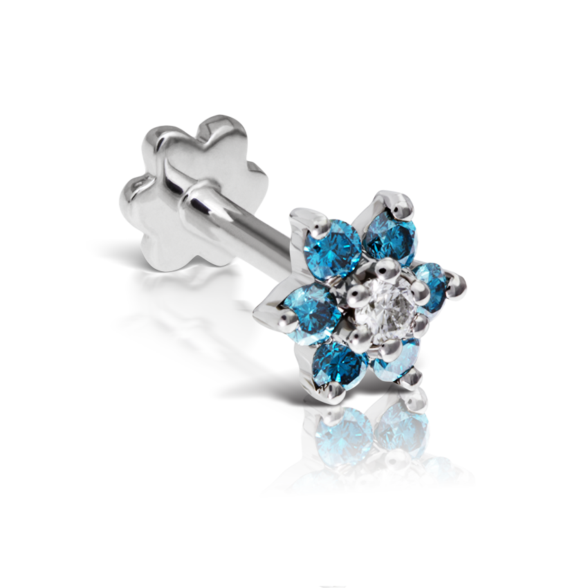 Blue Diamond Flower Threaded Stud Earring With Titanium Backing