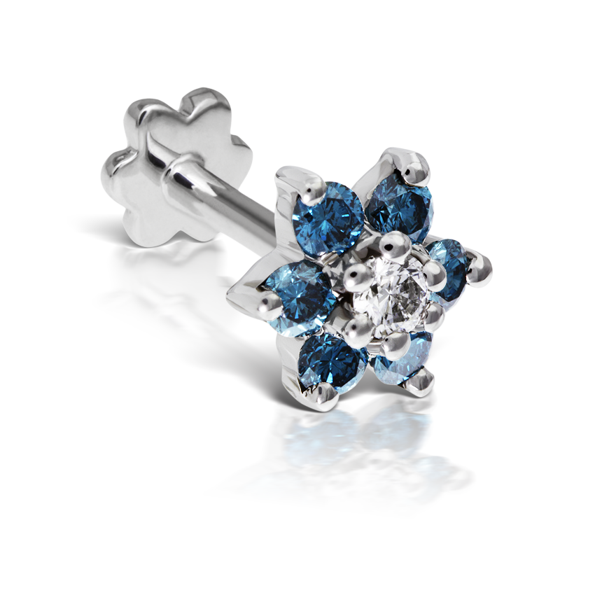 Blue Diamond Flower Threaded Stud Earring With Titanium Backing